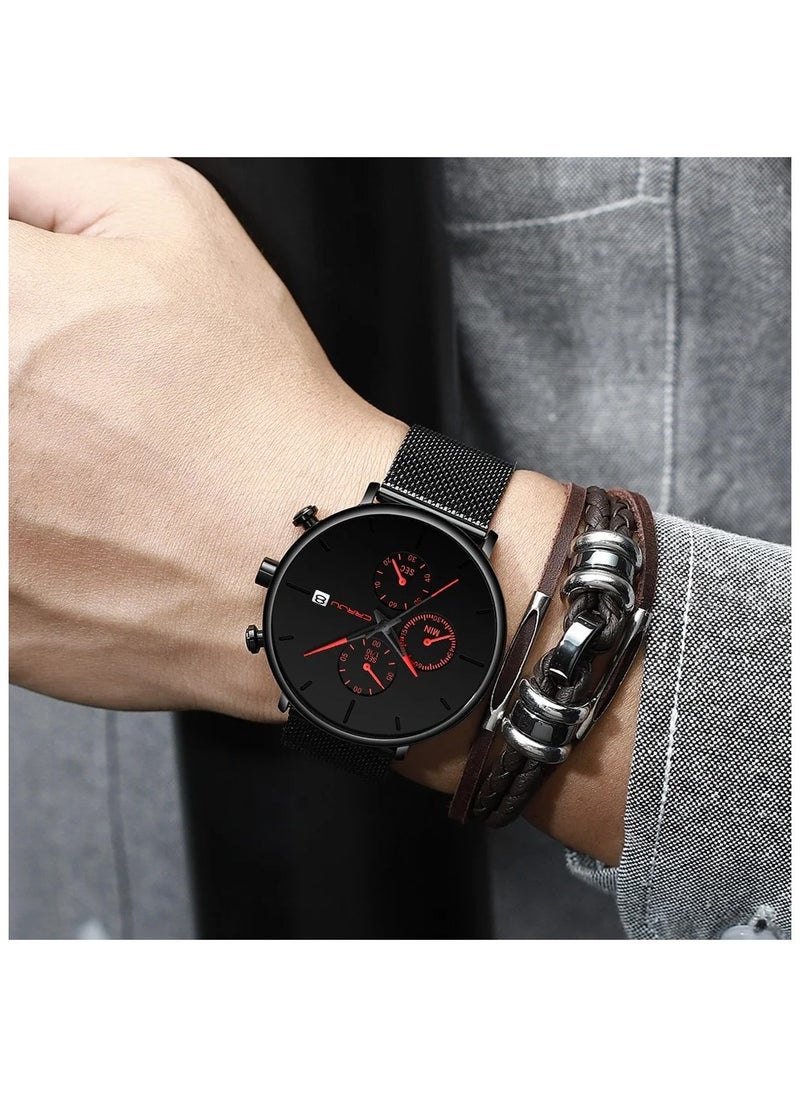 CRRJU CRRJU Men’s Chronograph Mesh Watch – Ultra-Sleek Black Dial with Red Accents, Waterproof, Date, Quartz Movement  - Image 3