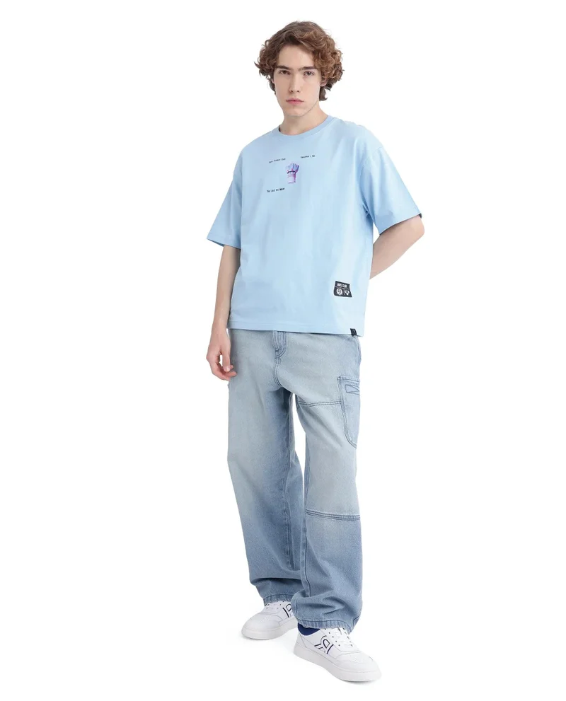 Rare Rabbit Men's Off Placement Hd Print Oversized T-Shirt