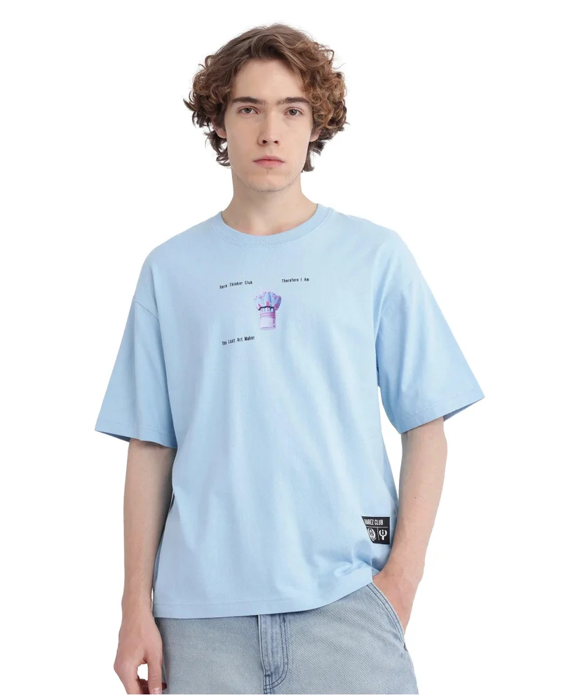 Rare Rabbit Men's Off Placement Hd Print Oversized T-Shirt