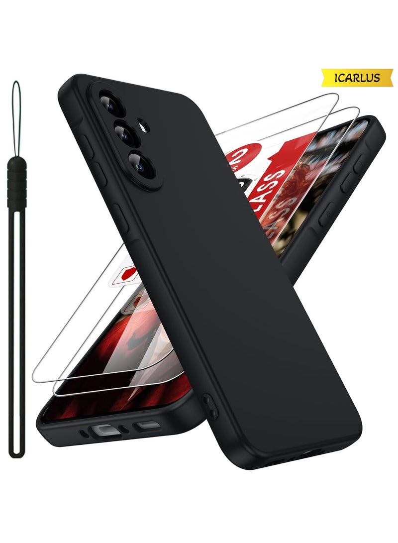 ايكارلوس جراب لهاتف Samsung Galaxy A56 5G، قطعتان من واقيات الشاشة الزجاجية المقواة، جراب ناعم من السيليكون السائل من مادة TPU ومضاد للصدمات من جل السيليكون المطاطي - أسود - Image 1