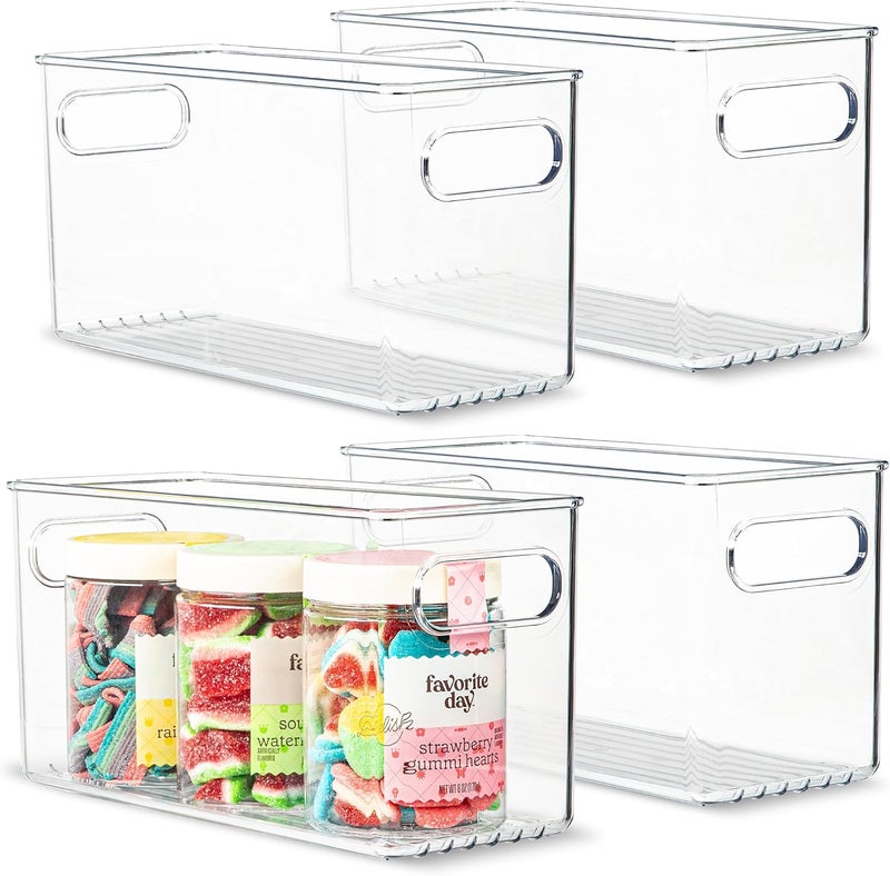 PrimeBox Plastic Food Storage 4 Pack Clear Container Bin with Handles for Organizing Kitchen, Pantry, Refrigerator, Freezer, Pantry, Cabinet, Closet, Bathroom. 10”x4”x5” - Image 1