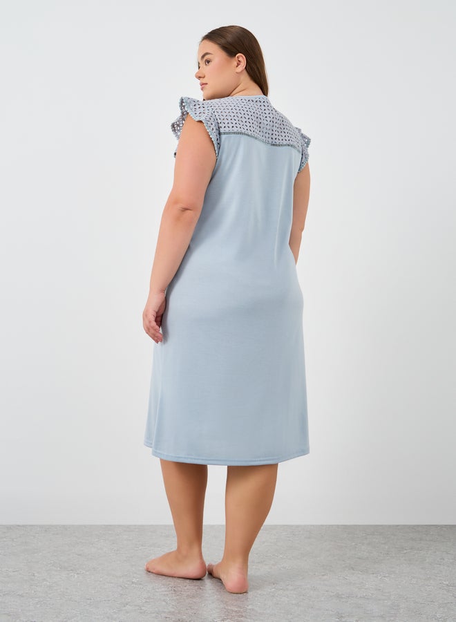 Styli Plus Size Schiffli Yoke Flat Pompom Detail Nightdress - Image 4