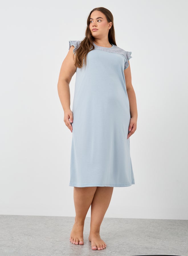 Styli Plus Size Schiffli Yoke Flat Pompom Detail Nightdress - Image 1