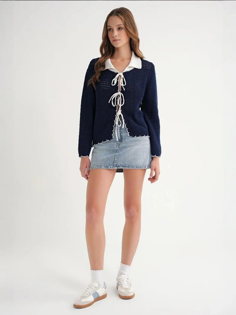 MixRay Open Knit Cardigan with Contrast Collar and Tie Front