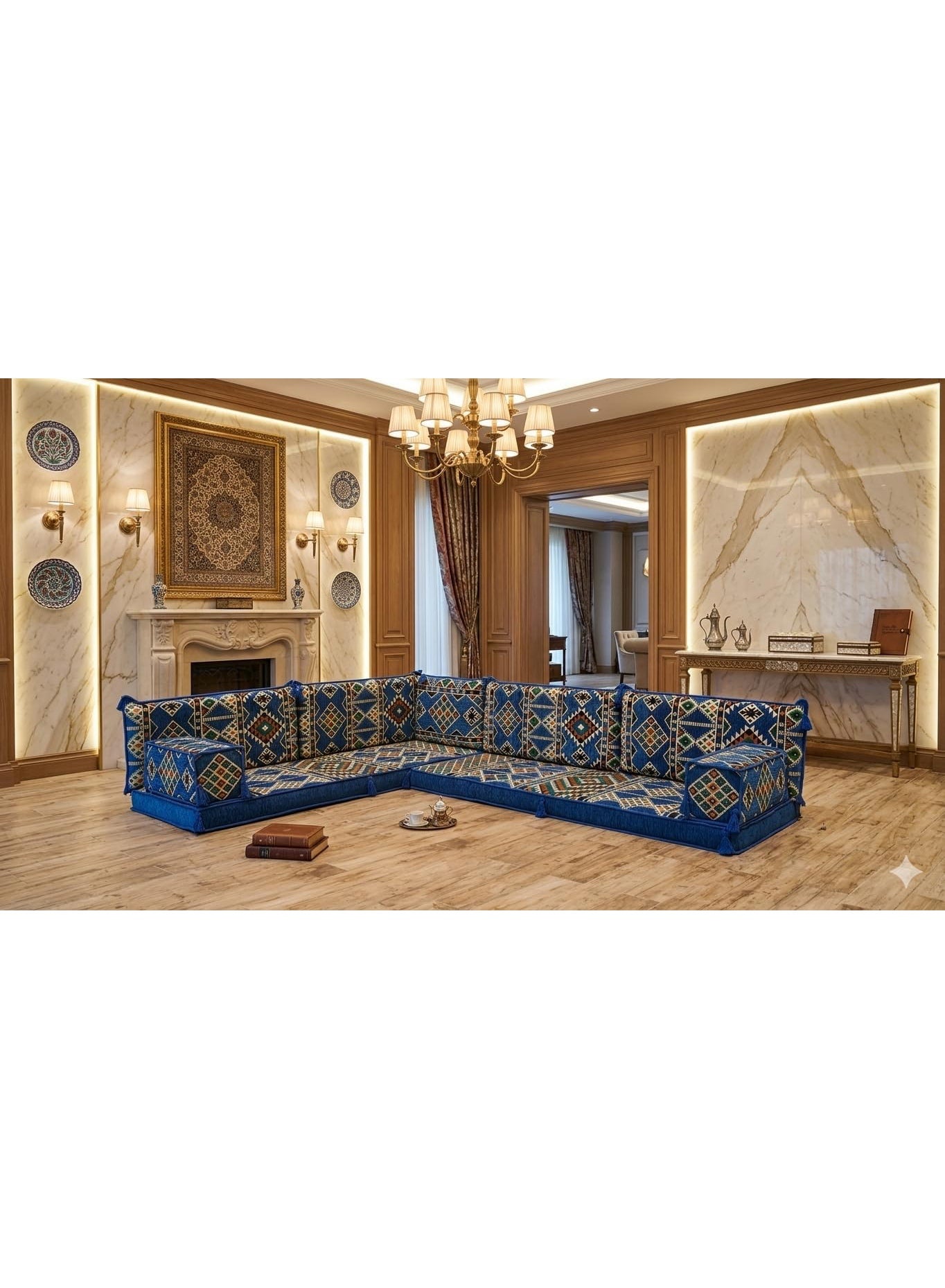 أريكة أرضية عربية، بتصميم هندسي أزرق على شكل L، مقاعد غرفة معيشة بأسلوب بوهيمي