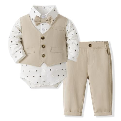 Volunboy Baby Boy Gentleman Dress Romper Vest Suit 1218 Months Formal Wedding Outfits Infant Birthday Long Sleeve Bowtie Pants Set Khaki 1218 Months - Image 1