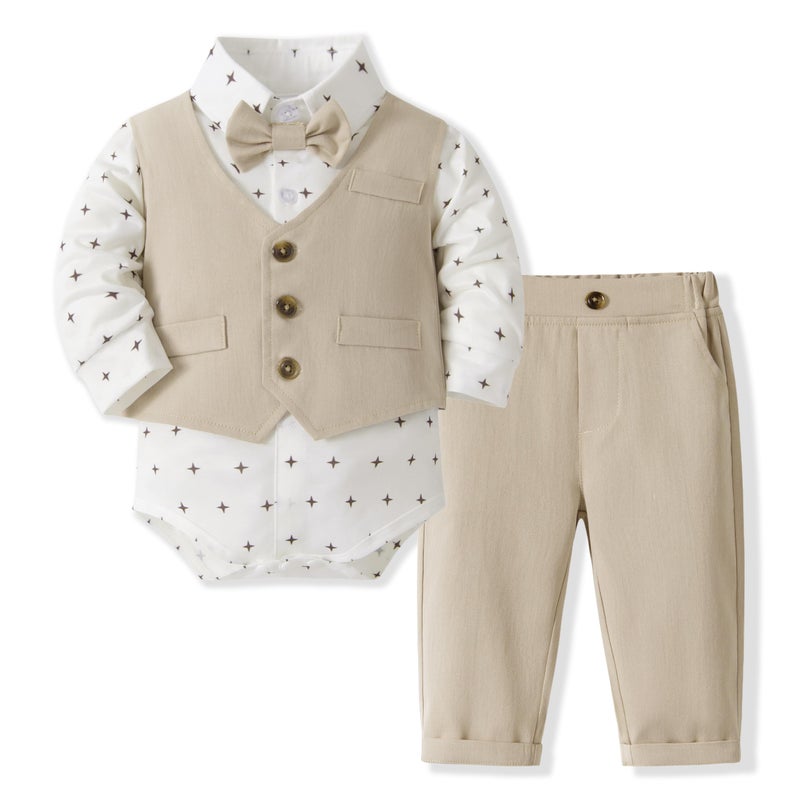 Volunboy Baby Boy Gentleman Dress Romper Vest Suit 1218 Months Formal Wedding Outfits Infant Birthday Long Sleeve Bowtie Pants Set Khaki 1218 Months - Image 2