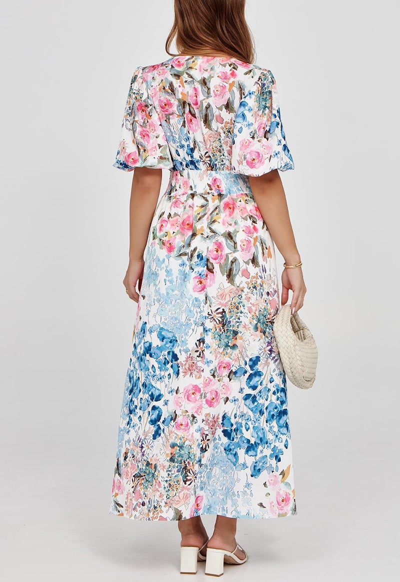 Maxigerui Women's Summer Floral Maxi Dress Spring Wedding Guest Dress 2026 Pink Blue Multi Floral M - Image 3
