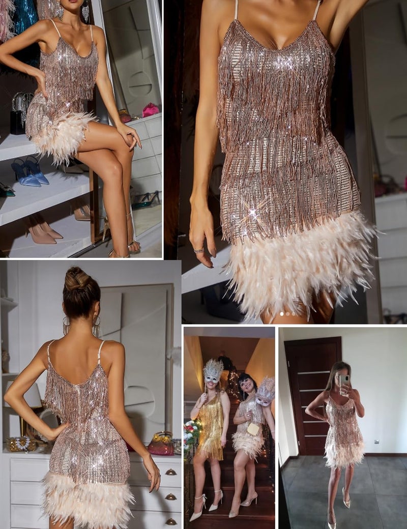 Meilun Women's Sequin Cocktail Dresses 1920s Flapper Dress Gatsby Fringe Mini Dresses Feather Prom Party Dress(A-Beige,L) - Image 2