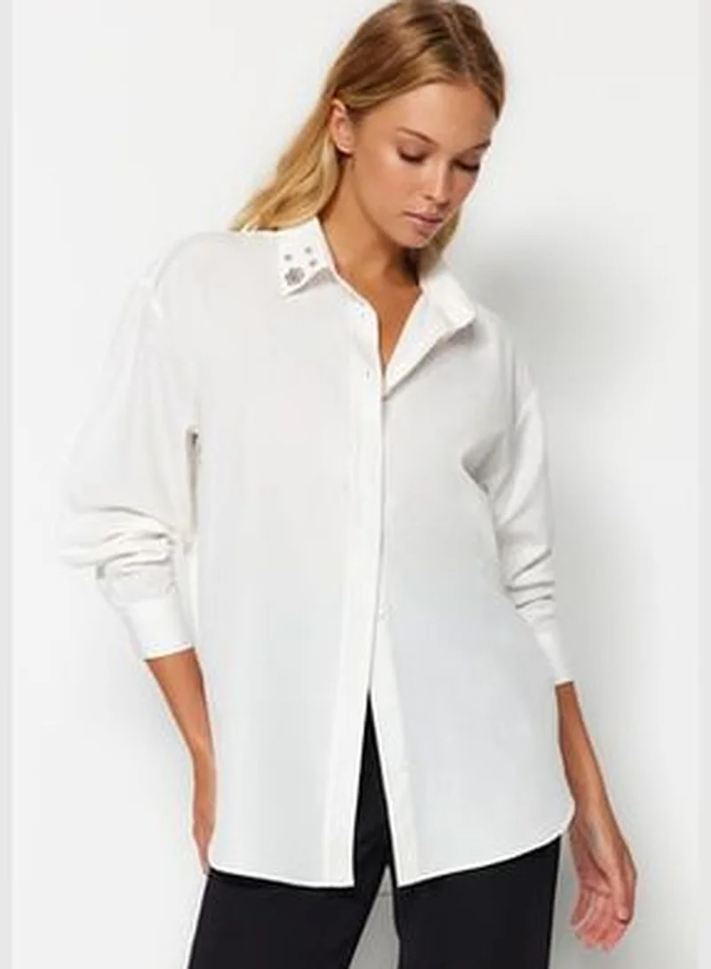 trendyol Ecru Collar Stone Detailed Oversize Woven Shirt TWOAW24GO00168