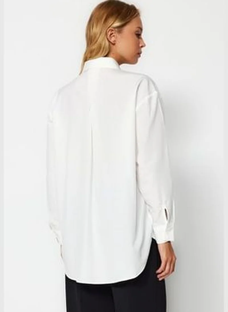 trendyol Ecru Collar Stone Detailed Oversize Woven Shirt TWOAW24GO00168