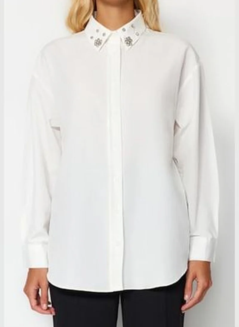 trendyol Ecru Collar Stone Detailed Oversize Woven Shirt TWOAW24GO00168
