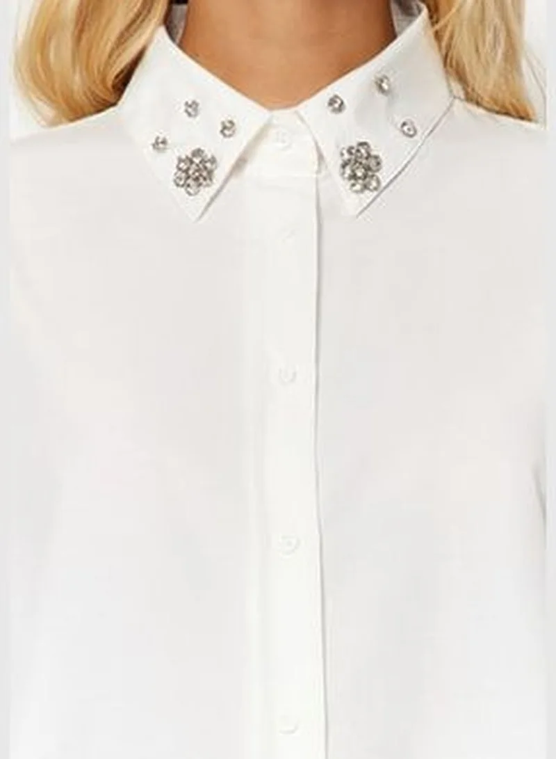 trendyol Ecru Collar Stone Detailed Oversize Woven Shirt TWOAW24GO00168