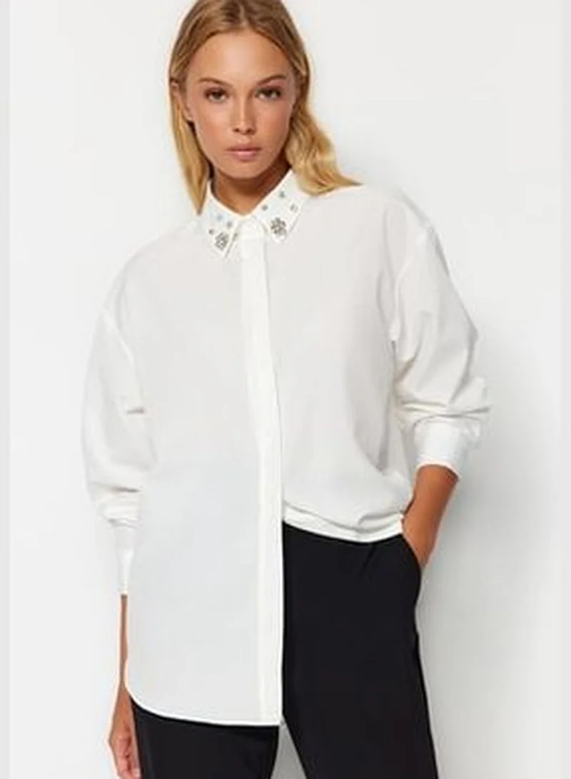 trendyol Ecru Collar Stone Detailed Oversize Woven Shirt TWOAW24GO00168
