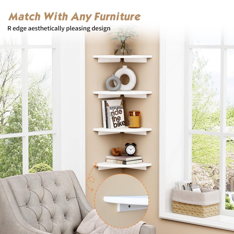 Forbena White Corner Floating Shelves for Wall Set of 4, Rounded Corner Shelves Wall Mounted for Kids Bedroom Books, Cute Wood Hanging Corner Shelf for Bathroom Decor, Living Room, Small Spaces - Image 4