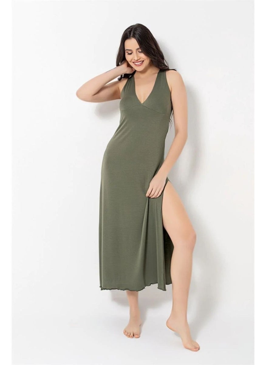 Monamise Women's Khaki Chest and Back Decoated Embroidered Lace Slit Nightgown 18485  - Image 1