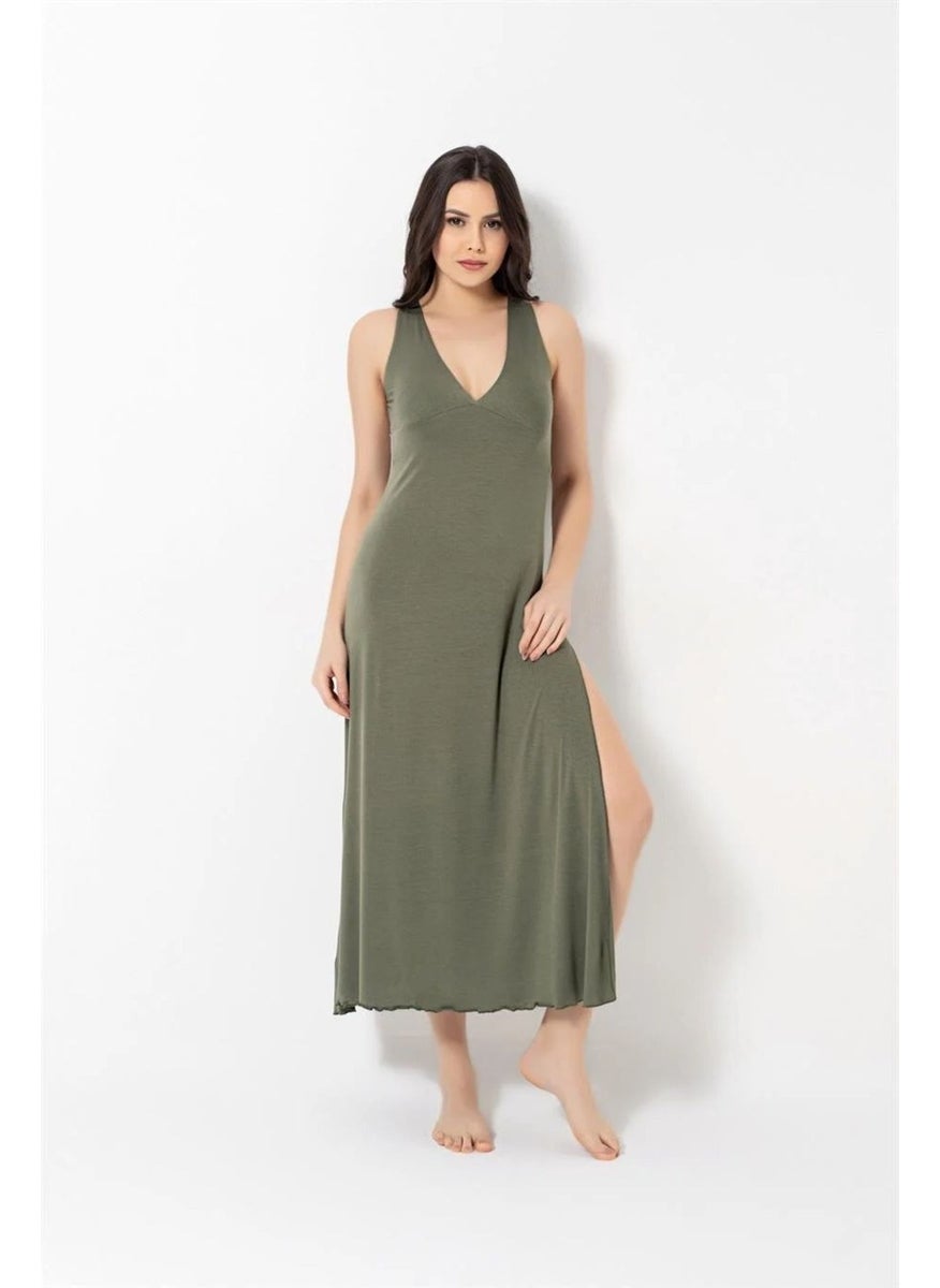 Monamise Women's Khaki Chest and Back Decoated Embroidered Lace Slit Nightgown 18485  - Image 2