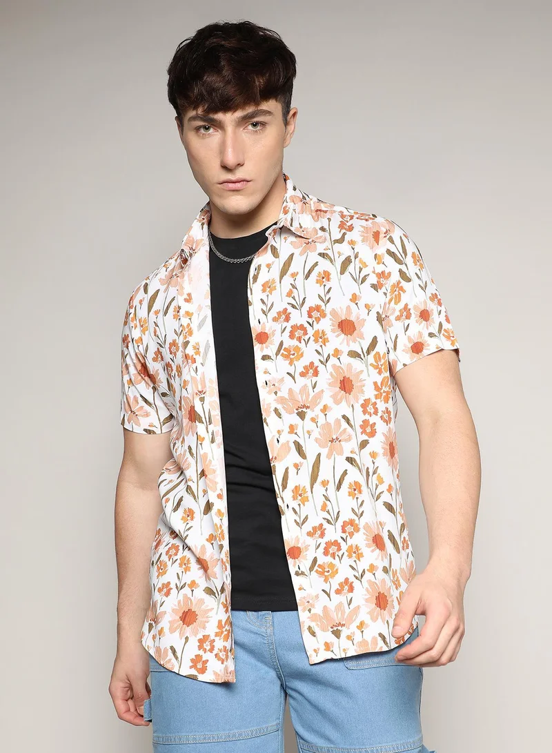 Campus Sutra Men's Orange Flower Shirt