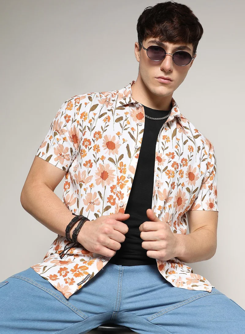 Campus Sutra Men's Orange Flower Shirt