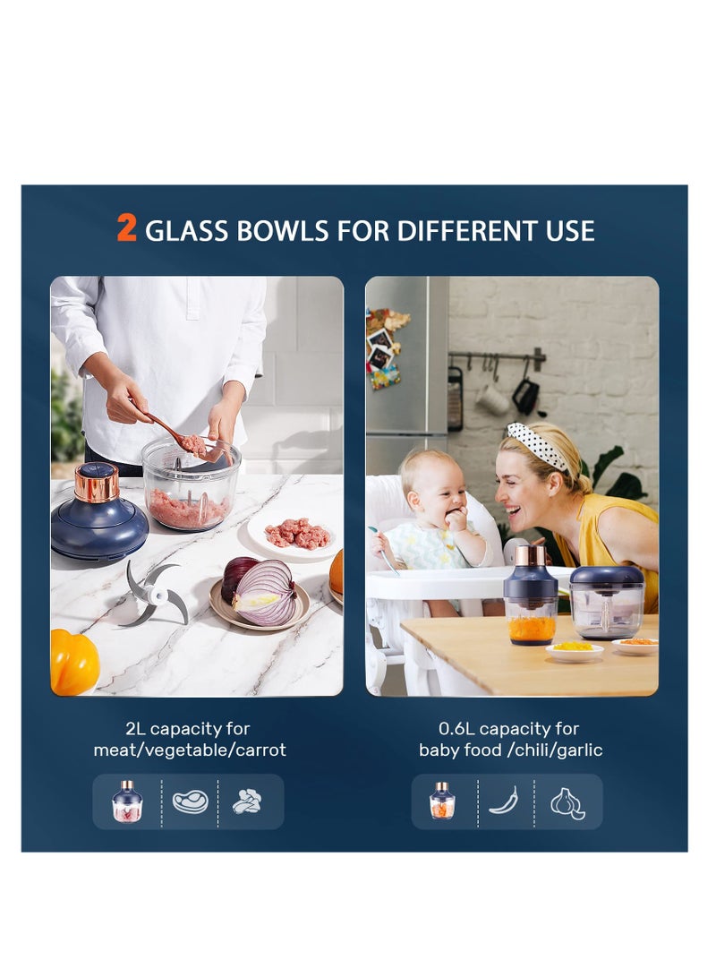 خلاط طعام كهربائي مع 2 وعاء زجاجي (8 أكواب + 2.5 كوب)، طاحونة بقوة 400 واط، شفرة من الفولاذ المقاوم للصدأ مع مجموعتين من الشفرات، سرعتان للحوم والخضار وطعام الأطفال - Image 2