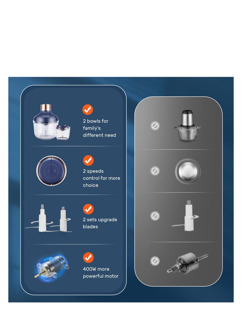 خلاط طعام كهربائي مع 2 وعاء زجاجي (8 أكواب + 2.5 كوب)، طاحونة بقوة 400 واط، شفرة من الفولاذ المقاوم للصدأ مع مجموعتين من الشفرات، سرعتان للحوم والخضار وطعام الأطفال - Image 5