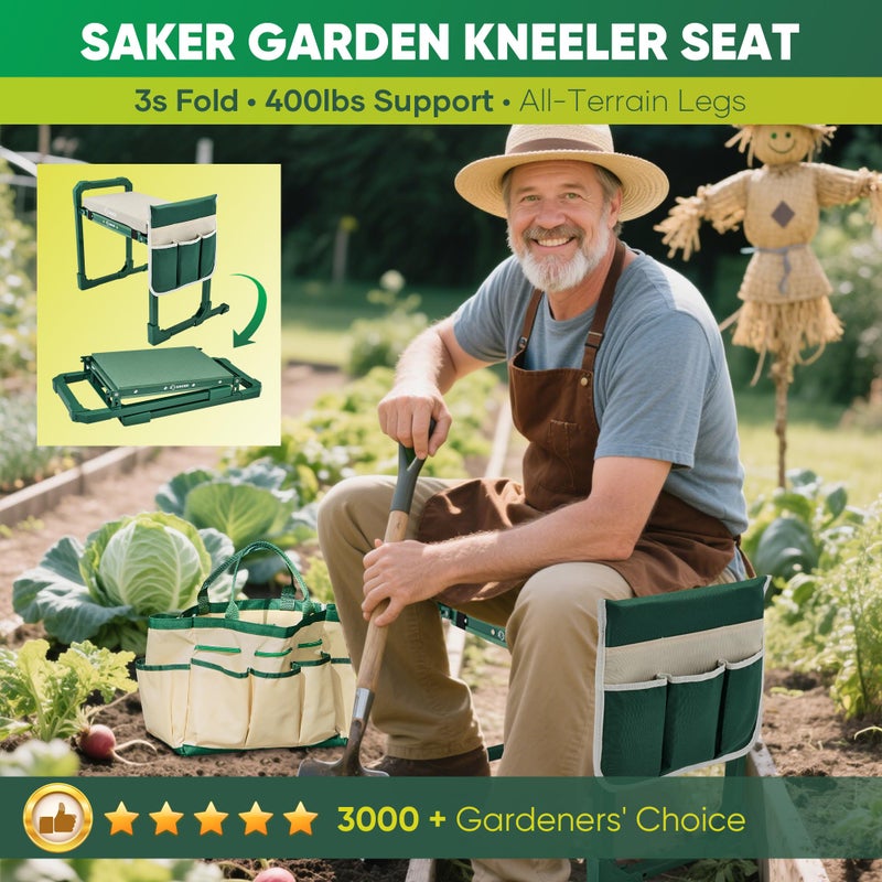 Saker Garden Kneeler and Seat Foldable Gardening Stool with Extendable Legs & Thickened Pad, Tool/Storage Bag, Heavy Duty Support for Elderly, Gardening, Outdoor Use - Image 2