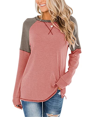 Bingerlily Women's Casual Long Sleeve Tunic Tops Crew Neck Color Block Blouses Deep Peach - Image 1