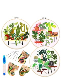 Embroidery Starter Kit with Pattern and Instructions, 3 Sets Cross Stitch Kit Include Embroidery Clothes with Plants Flowers Pattern, 1 Embroidery Hoops, Color Threads and Tools, Deco