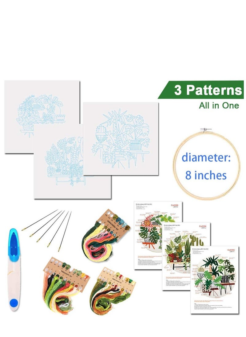 KASTWAVE - Embroidery Starter Kit with Pattern and Instructions, 3 Sets Cross Stitch Kit Include Embroidery Clothes with Plants Flowers Pattern, 1 Embroidery Hoops, Color Threads and Tools, Deco - Image 1
