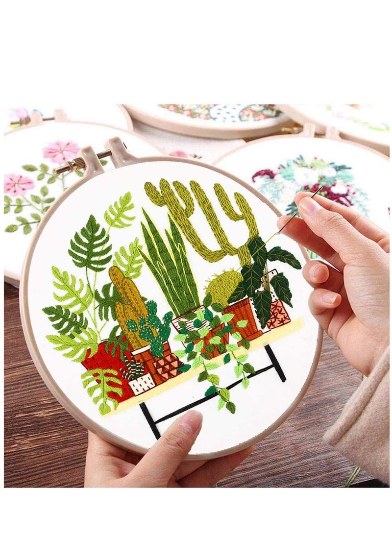 KASTWAVE - Embroidery Starter Kit with Pattern and Instructions, 3 Sets Cross Stitch Kit Include Embroidery Clothes with Plants Flowers Pattern, 1 Embroidery Hoops, Color Threads and Tools, Deco - Image 1