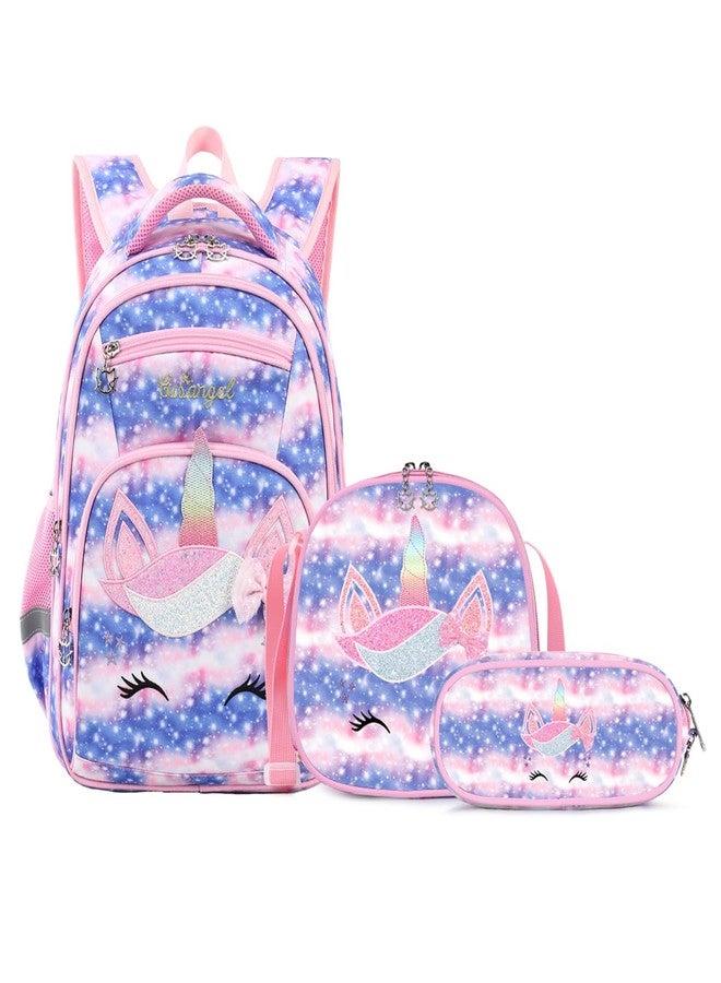 Cusangel Girls Backpack with Lunch Box Pencil Case, Durable Cute Multi Compartment Preschool Elementary Primary Backpack for Girls Sky Unicorn 3pcs Backpack for Girls - Image 1