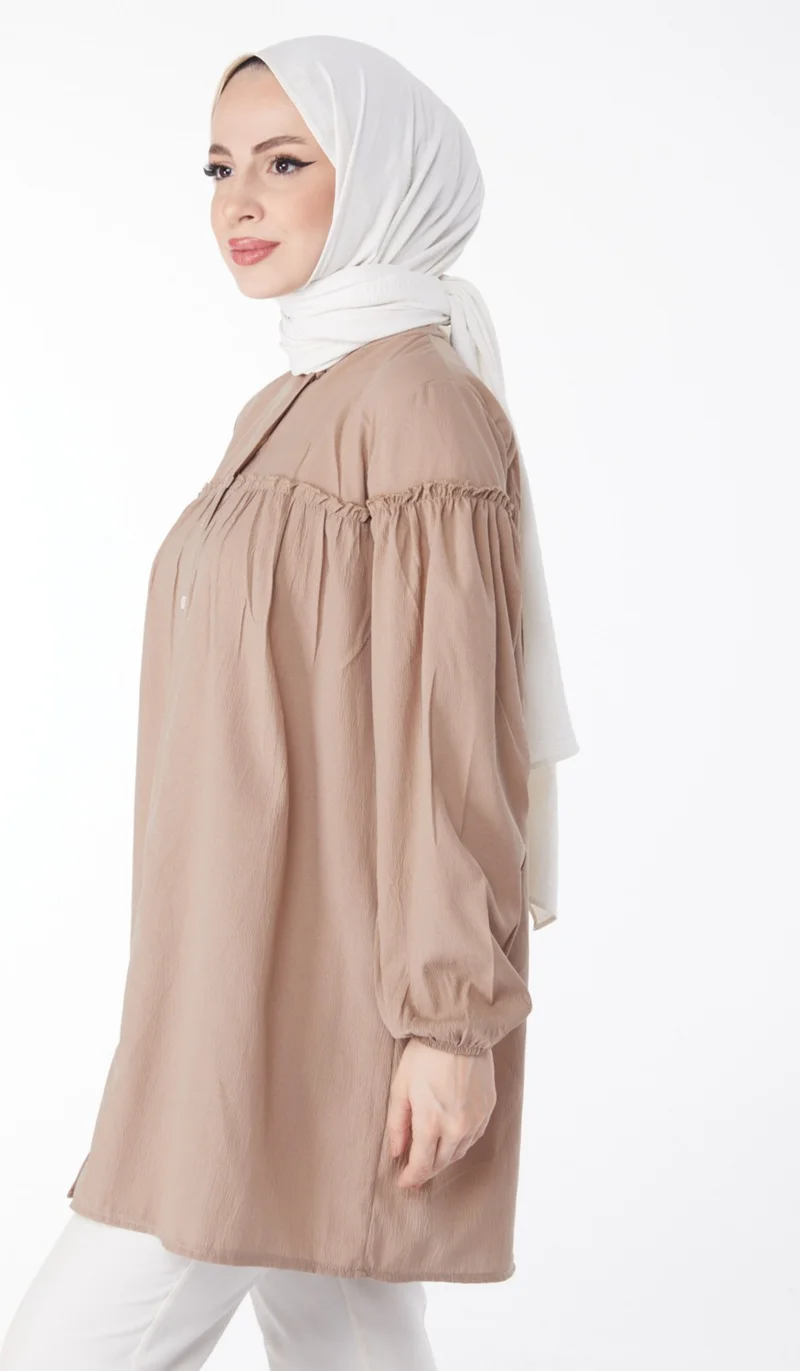 Tofisa Plain Judge Collar Women's Beige Gathered Shirt - 13136