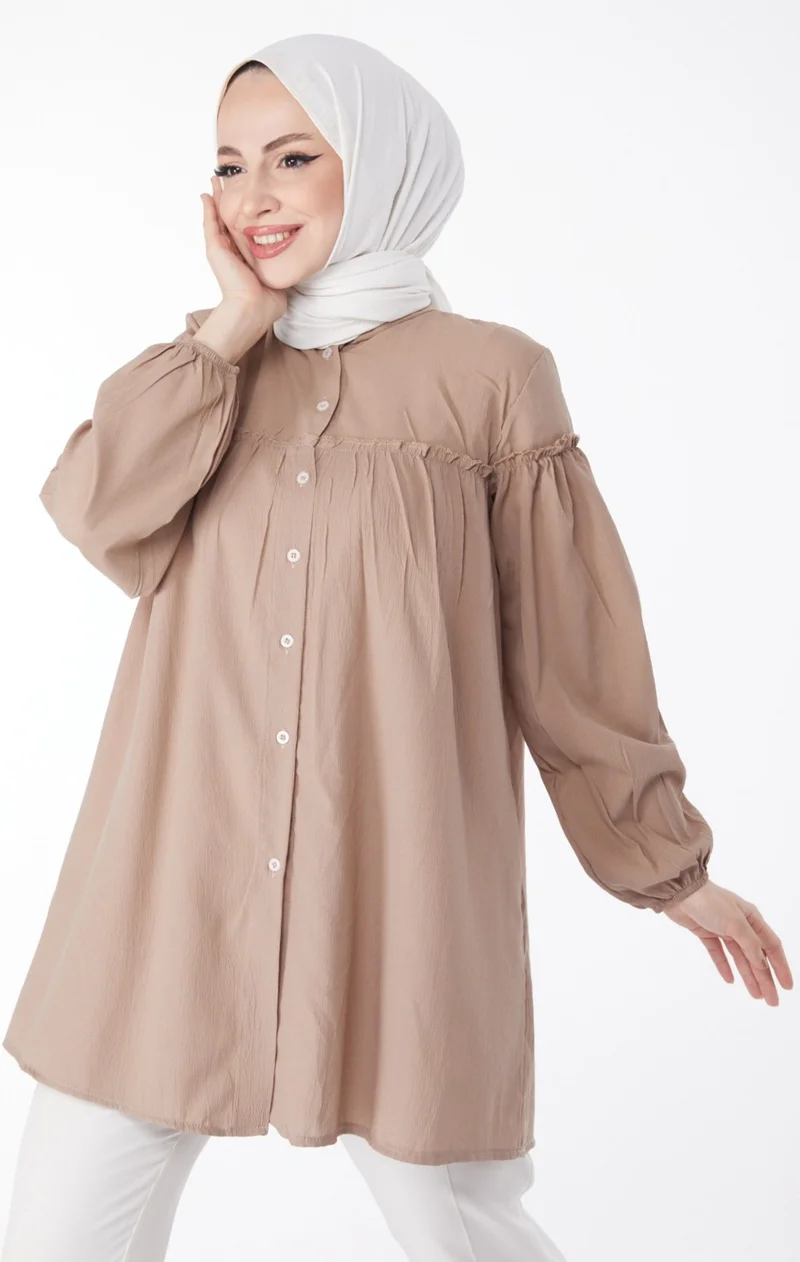 Tofisa Plain Judge Collar Women's Beige Gathered Shirt - 13136