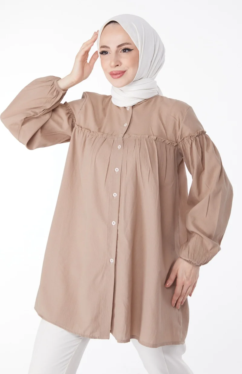 Tofisa Plain Judge Collar Women's Beige Gathered Shirt - 13136