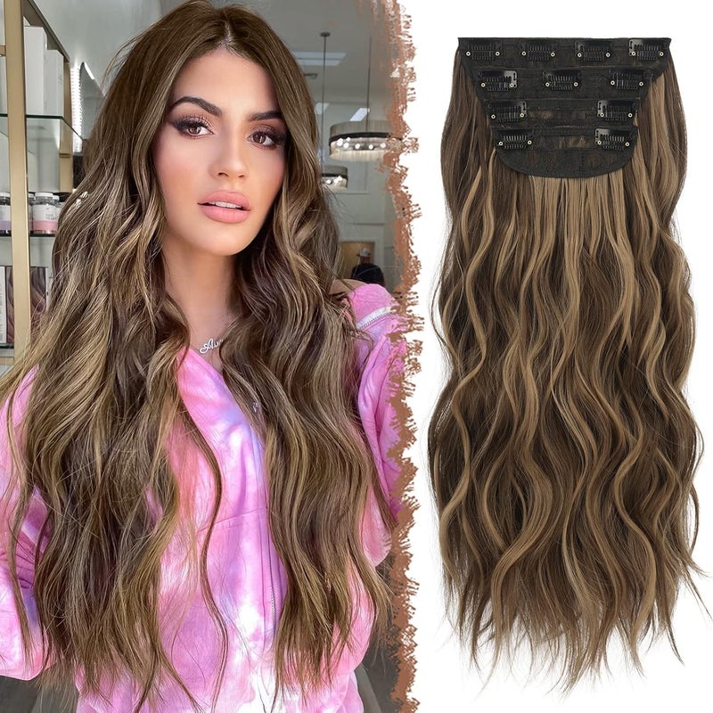FESHFEN Clip in Hair Extensions  4 PCS Long Wavy Thick Highlighted Clip in Hairpieces Full Head Synthetic Hair Extension for Women Honey Blonde Mixed Light Brown 20 inch