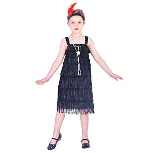 Sincere Party Roaring the 20s Black Flapper Costume Dress with Pearl Necklace,Feather Headband for Girls,Gangster Flapper Dress for Kids 8-10 - Image 1