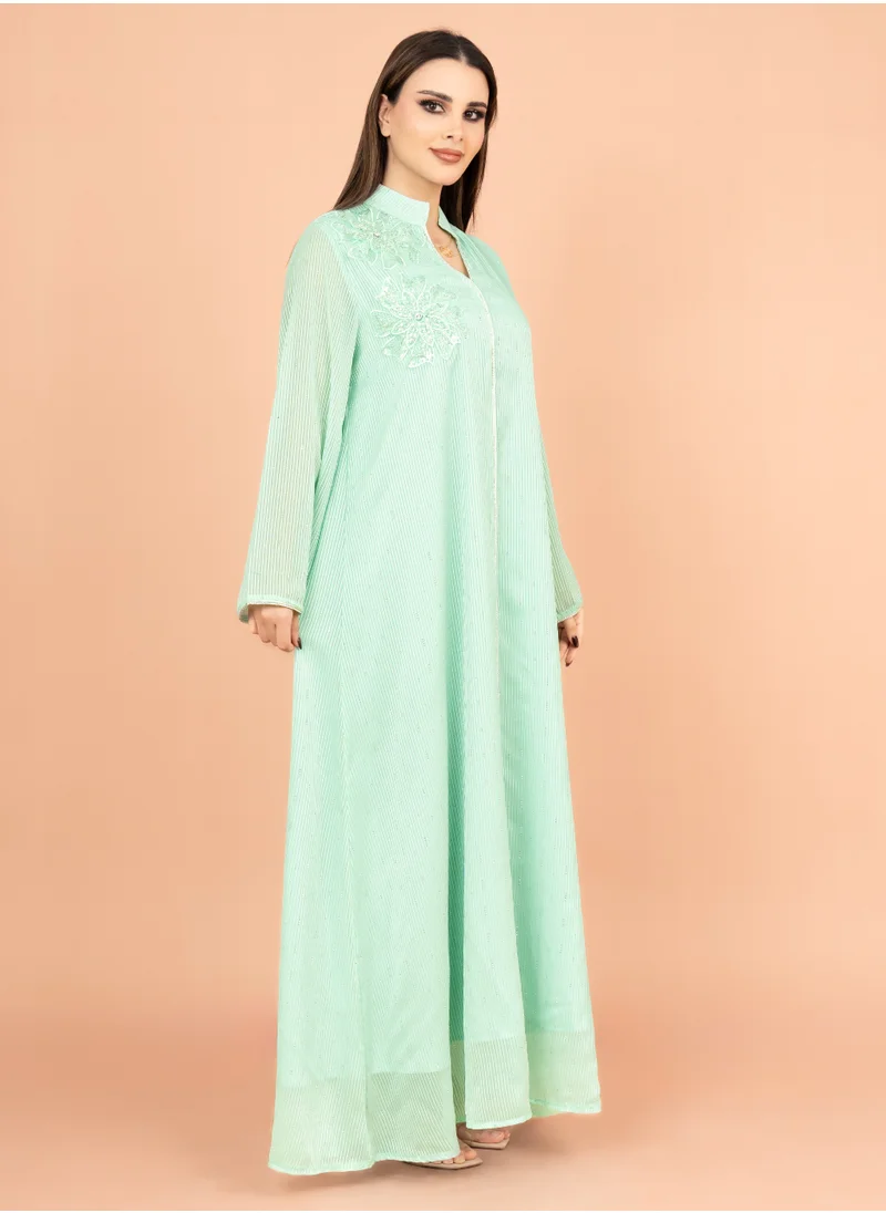 IKKXA Floral Fantasy Crystal Jalabiya with Elegant Stripes IK2018 Green