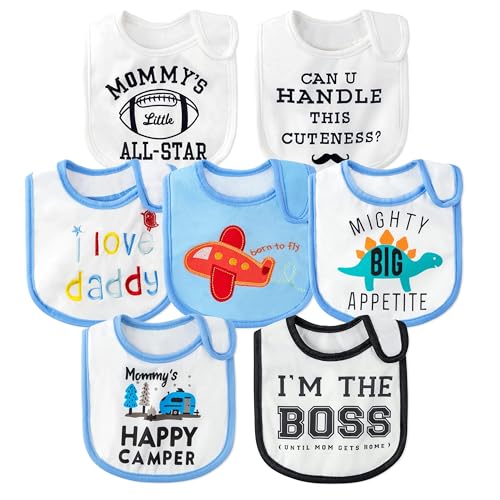 2ooya 7Pcs Cotton Waterproof Baby Bibs Adjustable Hook Loop Closure Infant Bib Unisex Blue Newborn Infant Food Bibs Keepsake Baby Gift for Drooling Feeding Eating Teething, 6-12 Months - Image 1