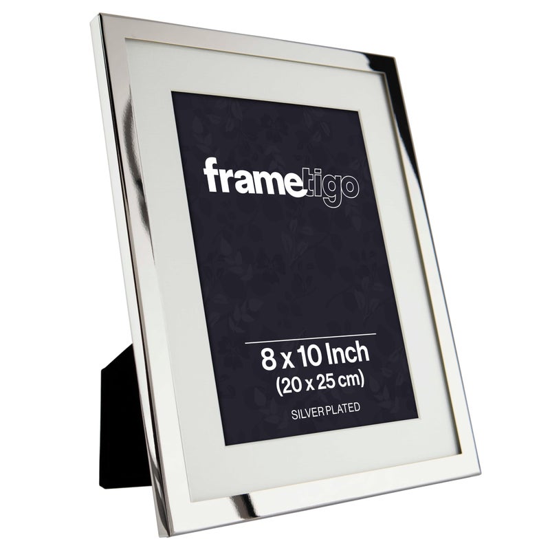 Frametigo  Silver Plated White Mount Photo Frame 8x10 20x25cm Photo Size  Velvet Frame Backing  Stand  Real Glass Window  Tarnish Resistant  Landscape or Portrait Orientation