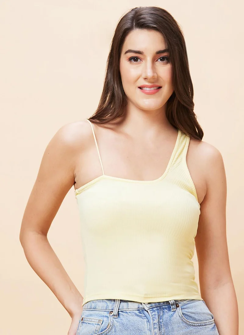globus Globus Women Yellow One Shoulder Fitted Crop Top