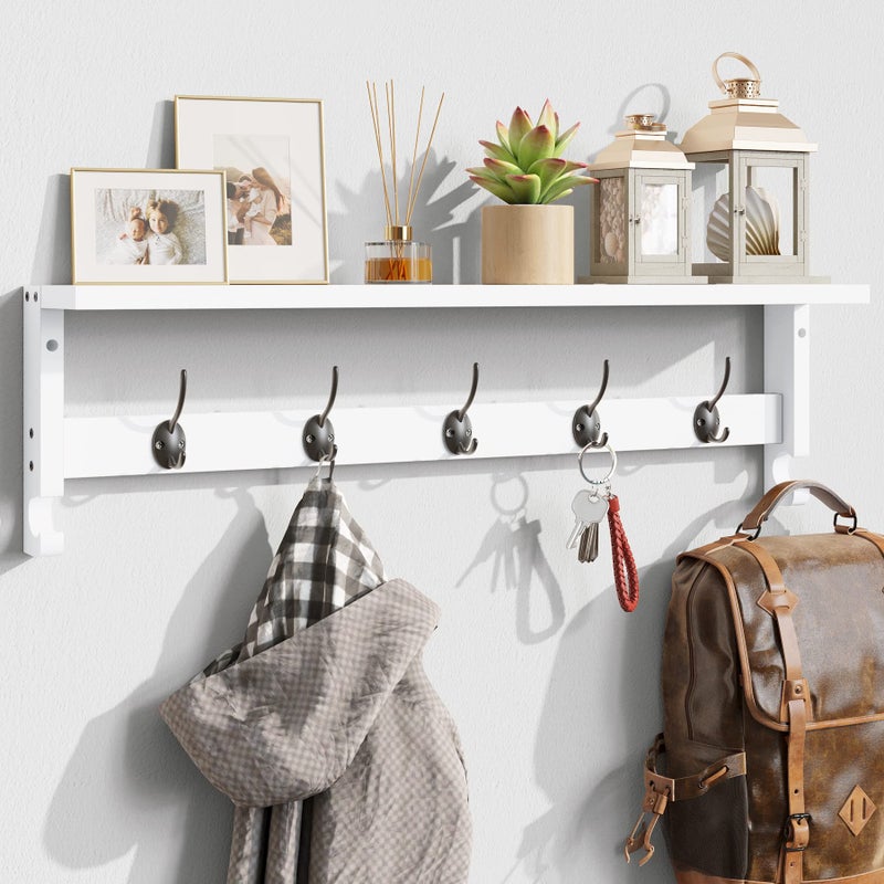 AMBIRD Coat Rack Wall Mount with Shelf, 28.9 Inches Coat Hooks Wall Mounted with 5 Hooks, Hat Wall Hooks for Hanging in Entryway, Living Room, Bathroom, Bedroom (White, 28.9 * 4.5 inches) - Image 1