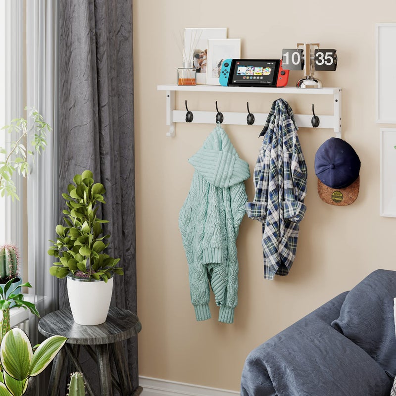 AMBIRD Coat Rack Wall Mount with Shelf, 28.9 Inches Coat Hooks Wall Mounted with 5 Hooks, Hat Wall Hooks for Hanging in Entryway, Living Room, Bathroom, Bedroom (White, 28.9 * 4.5 inches) - Image 2