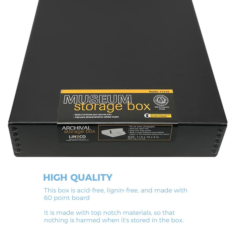 Lineco 11x14 Black Museum Archival Storage Box, Drop Front Design, 11 1/2 x 15 x 3 in. Acid-Free with Metal Edge. Preserves Picture Longevity, Organize Photos or Documents, Crafts, DIY. - Image 3