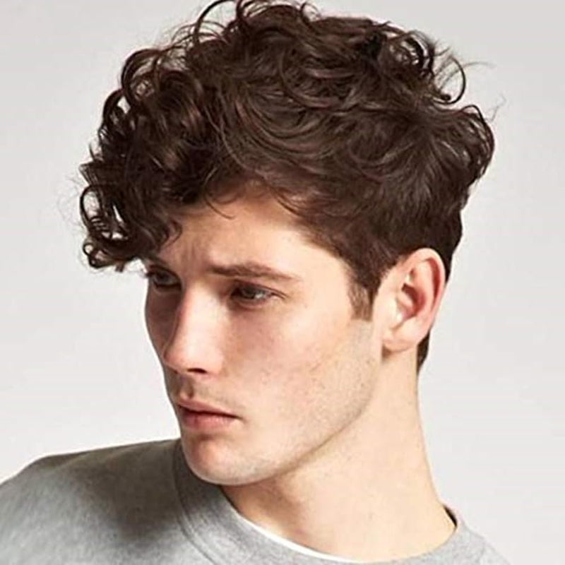 Kaneles Mens Brown Wig Short Curly Fluffy Synthetic Halloween Cosplay Hair Wig for Male Guy Brown