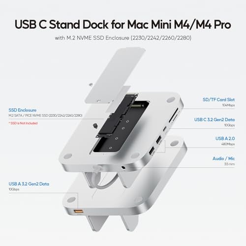 PULWTOP Mac mini M4 Dock with 4TB M2 SSD Enclosure 8in1 Aluminum Vertical USBC Hub for Mac mini M4 Pro Hub Stand with USBAC 32 10Gbps 2xUSBA 20 35mm Audio SDTF SSD NOT Included - Image 3