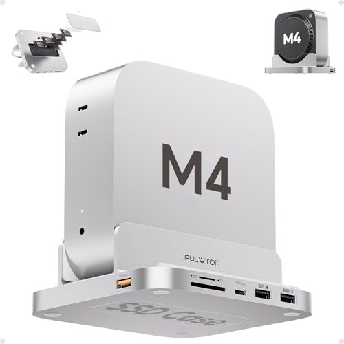 PULWTOP Mac mini M4 Dock with 4TB M2 SSD Enclosure 8in1 Aluminum Vertical USBC Hub for Mac mini M4 Pro Hub Stand with USBAC 32 10Gbps 2xUSBA 20 35mm Audio SDTF SSD NOT Included - Image 1
