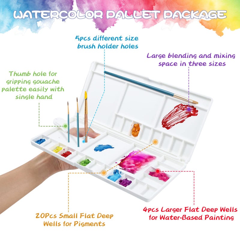 Junreox Watercolor Palette, Large Watercolor Palette with 24 Wells and 5 Mixing Areas, Premium Paint Pallet with Lid, Folding Paint Tray, Plastic Painting Palette with Thumbhole - Image 2