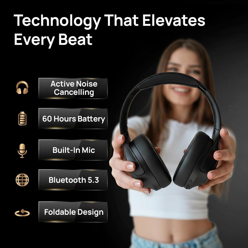 Volkano Bluetooth Headphones with Active Noise Cancelling, 60 Hours Playtime, Over Ear Stereo Headset, Black - Image 4