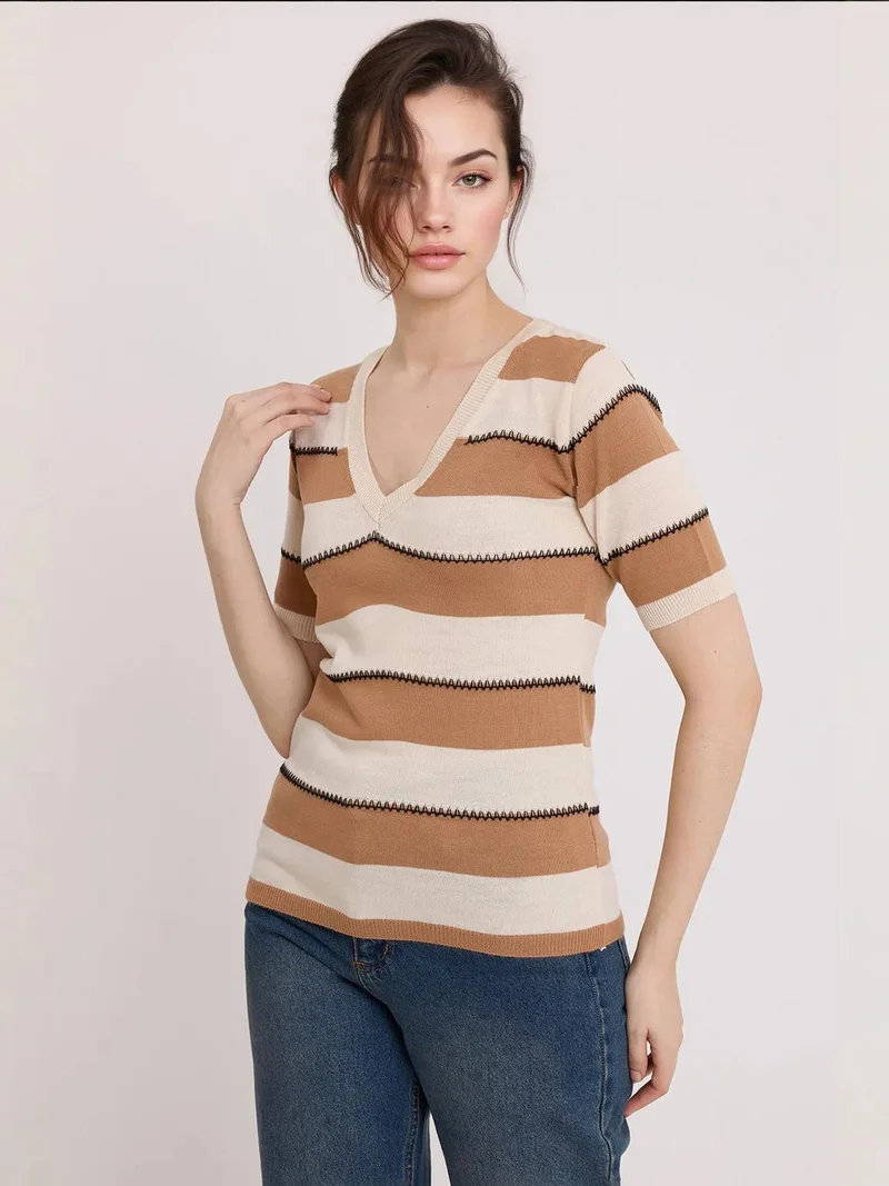 BIG DART BDART Striped V-Neck Fitted Blouse