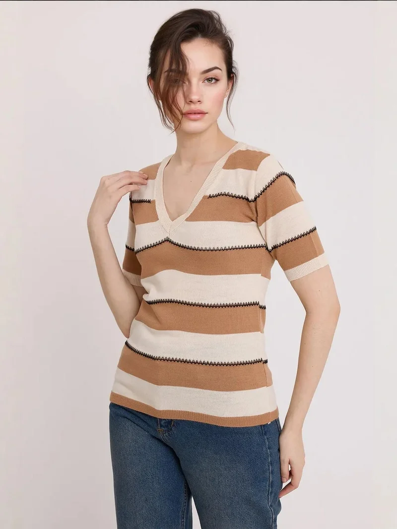 BIG DART BDART Striped V-Neck Fitted Blouse